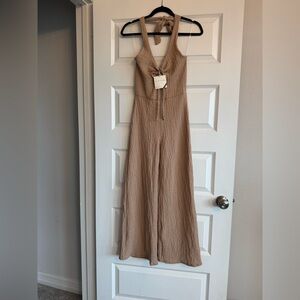 See You Monday Tan Jumpsuit with Fitted Bodice